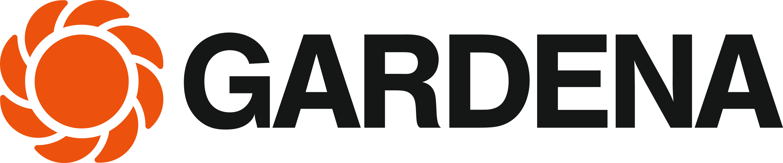 Das Gardena Logo: ein orangefarbenes stilisiertes Blüten- oder Wasserdüsen-Symbol links und der Schriftzug "GARDENA" in Schwarz rechts, auf schwarzem Hintergrund.