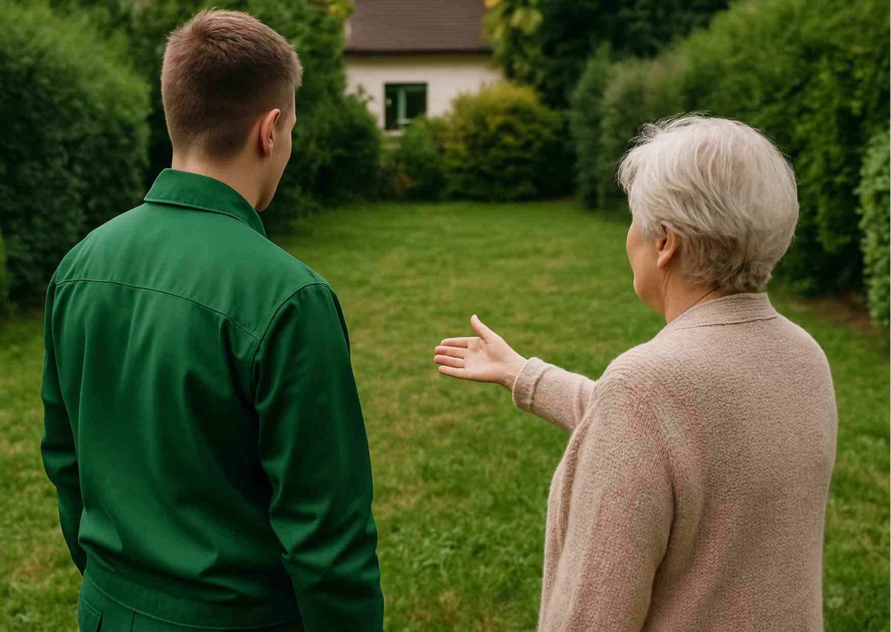 Ein Mitarbeiter des Haus- und Gartenservice Gensch in grüner Arbeitskleidung, der mit dem Rücken zum Betrachter steht und einer älteren Dame zuhört, die mit ausgestreckter Hand auf eine gepflegte Rasenfläche im Garten zeigt. Im Hintergrund ist ein Haus zu sehen.