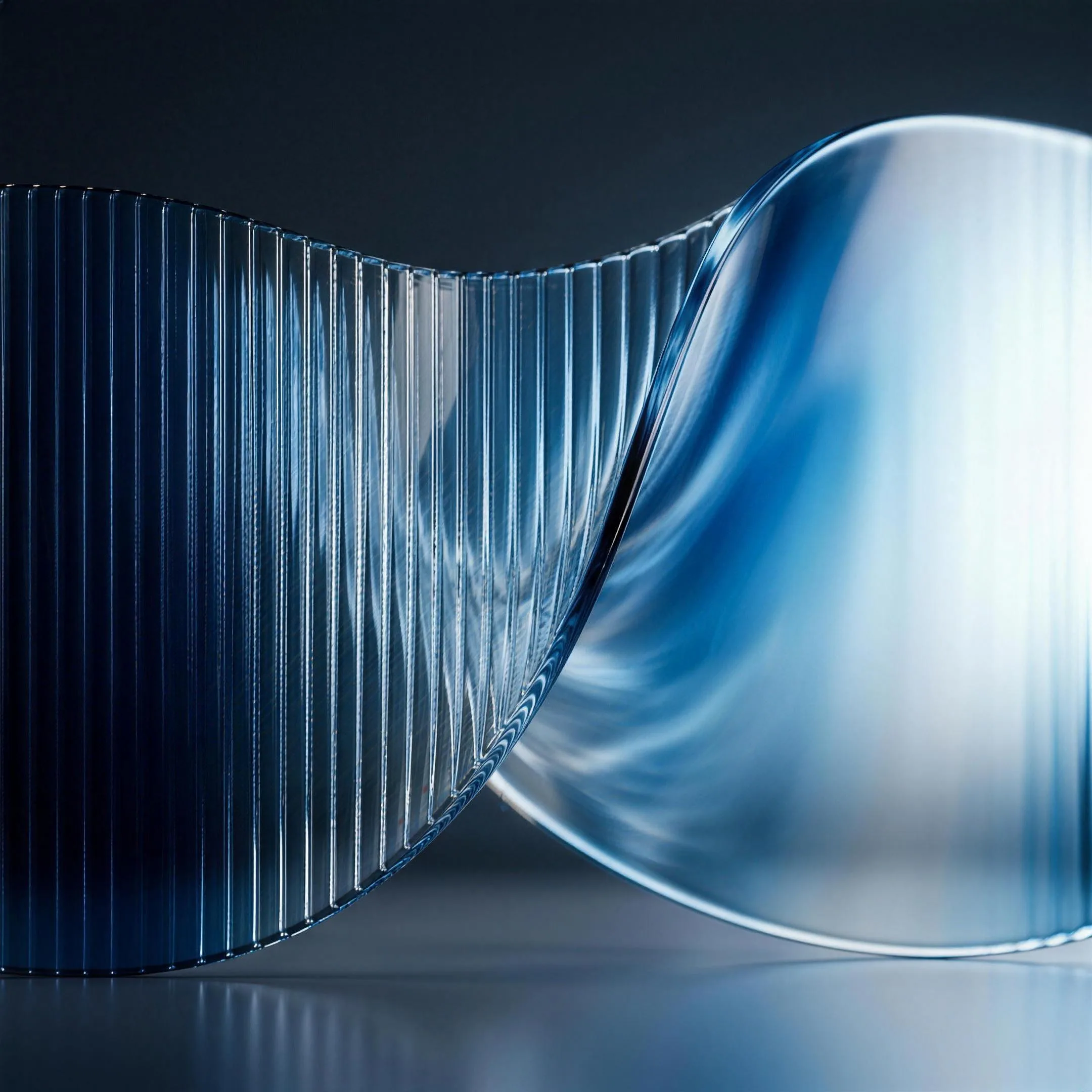 Abstract fluted glass wave, deep navy fading to white