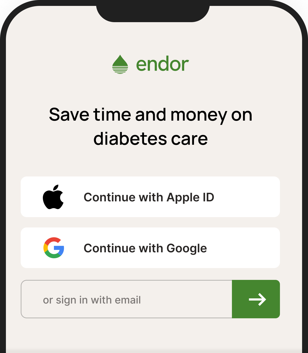 The login screen for the Endor Health app, showing how users can sign up with Apple, sign up with Google or sign up with email