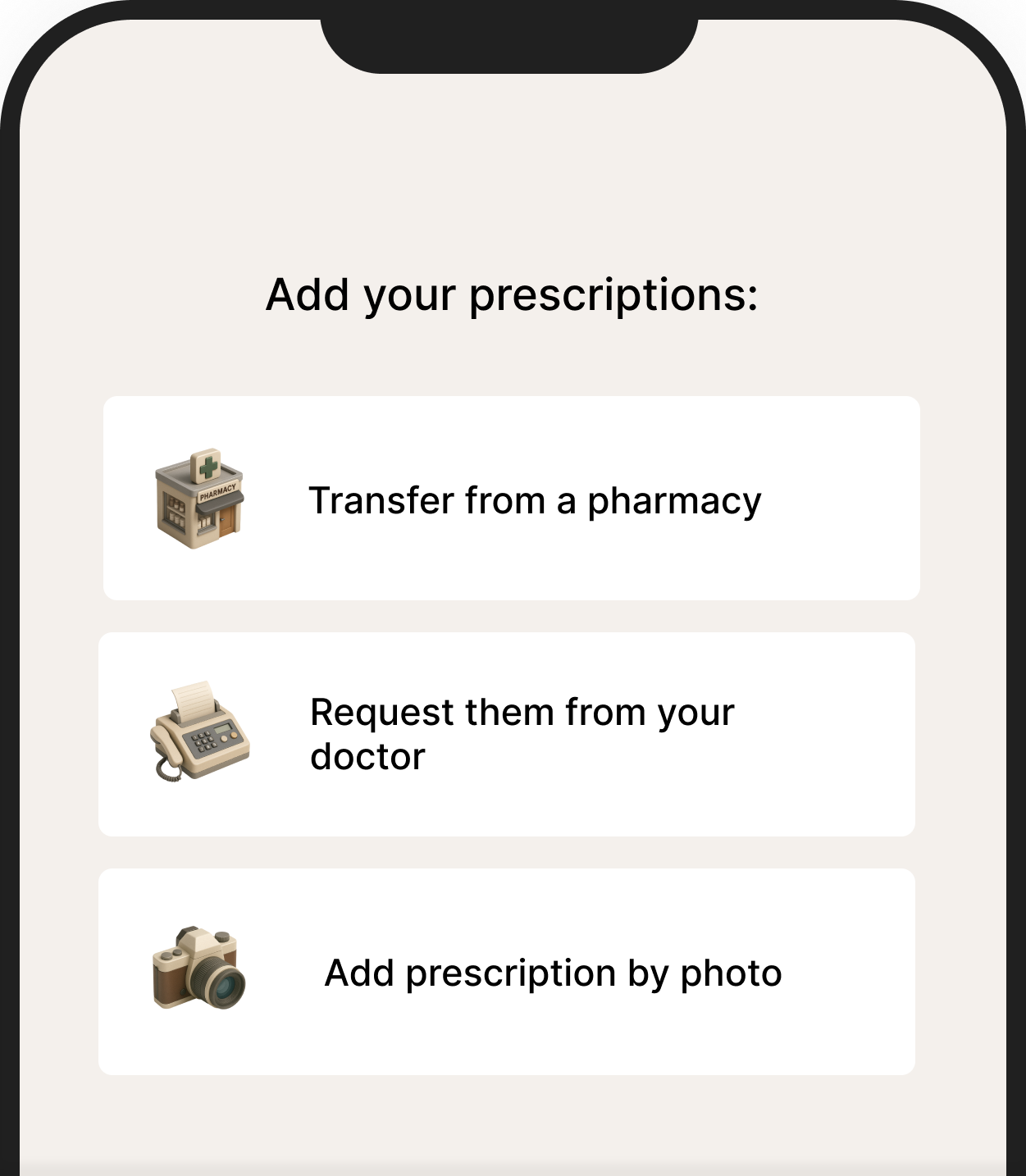 An app screenshot that shows three easy options to add prescriptions to the Endor Health app
