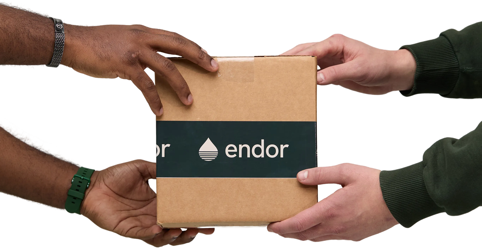 Two sets of hands holding an Endor Health branded box that is used to ship diabetes supplies free 