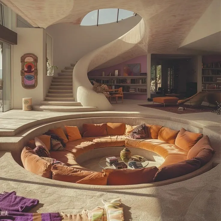 This may contain: a living room filled with lots of furniture next to a spiral staircase