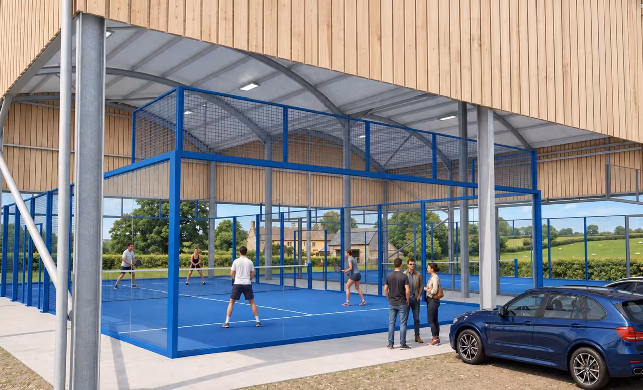 Players inside a Padel Barn, showing timber castle-board cladding over a blue padel court