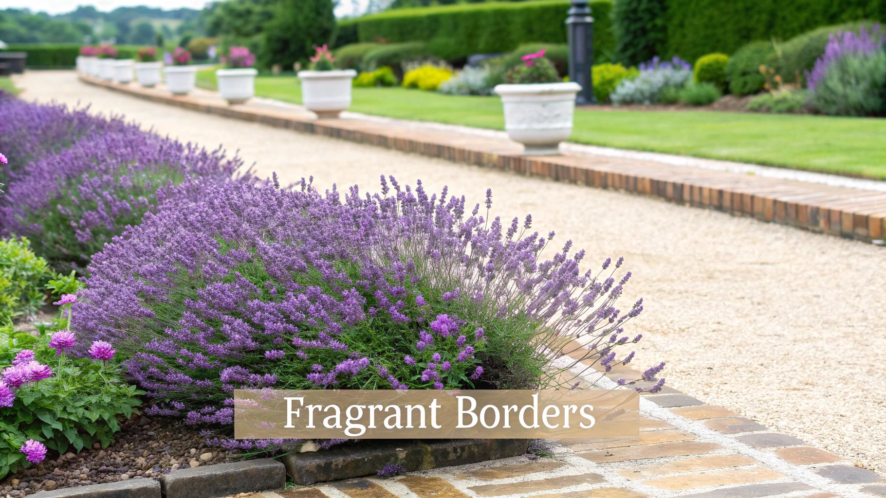 Lavender plants creating a vibrant purple border along a garden path