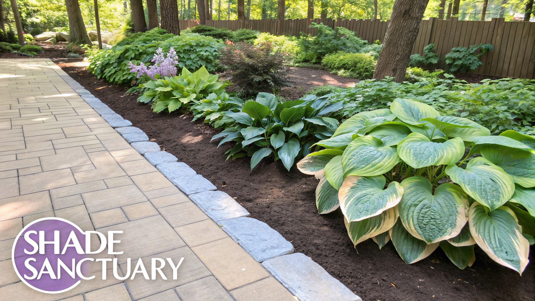 A lush garden border filled with various types of Hostas showing different leaf colours and textures