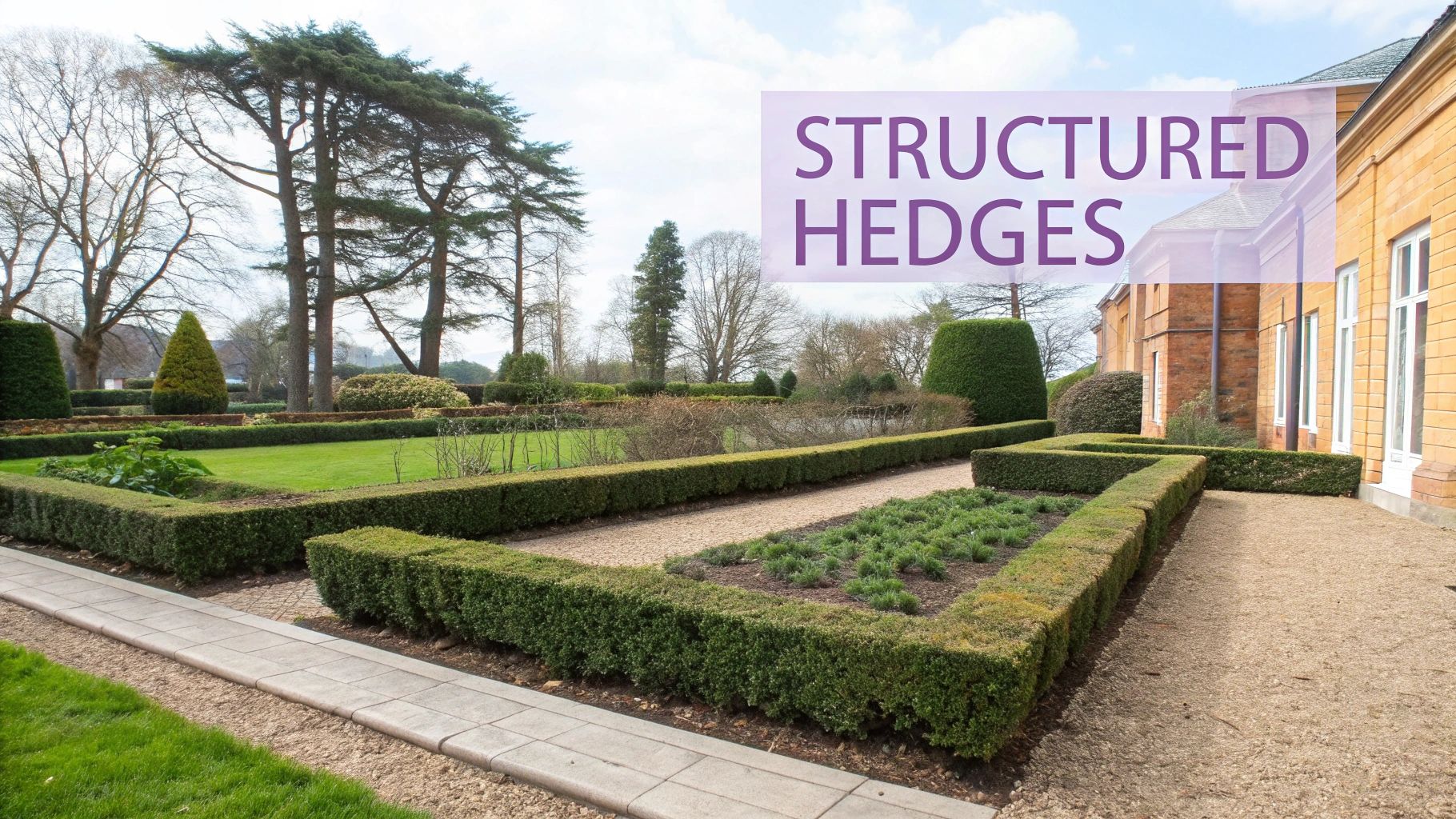 A neatly trimmed boxwood hedge creating a formal border in a garden