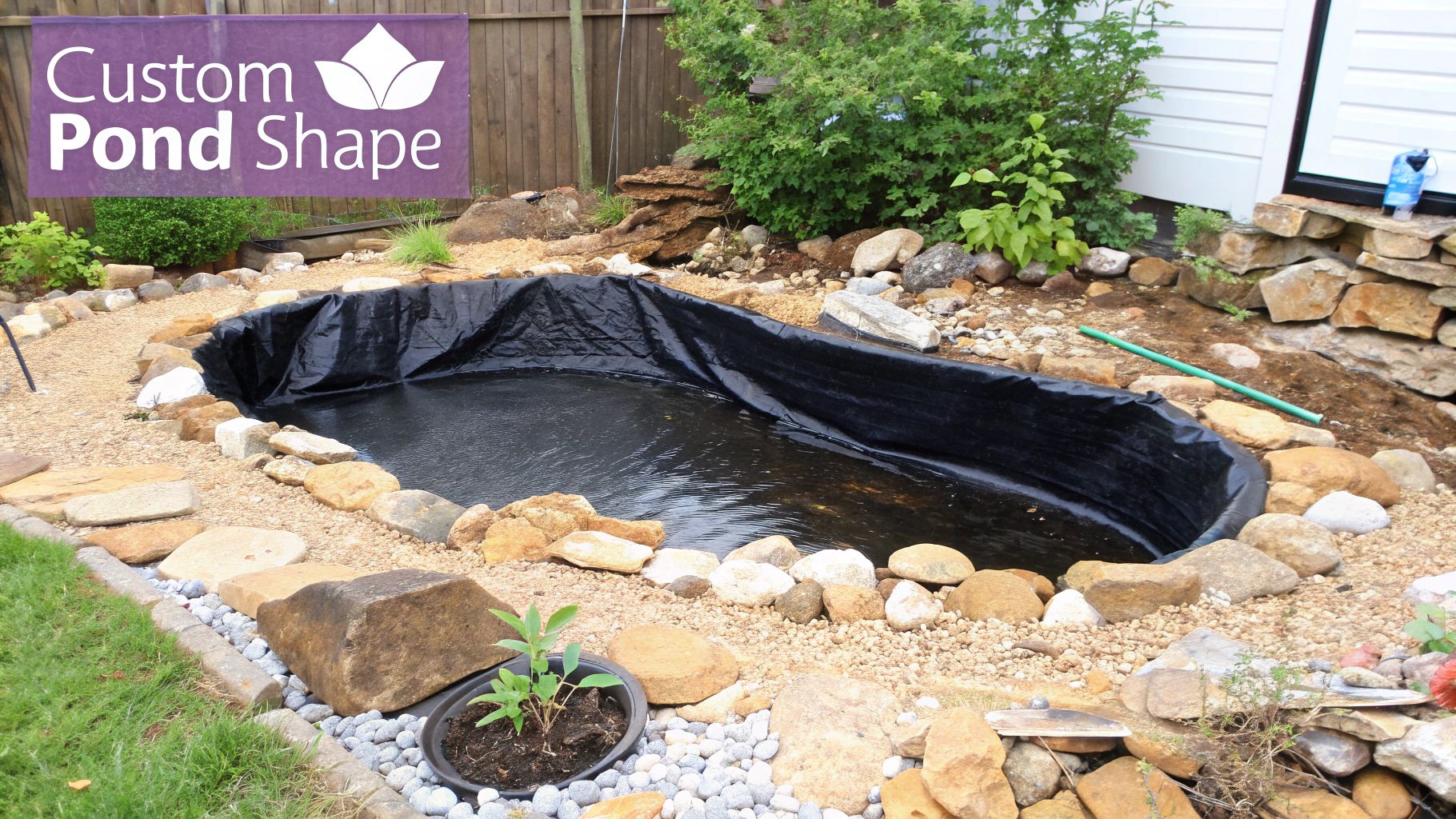 A preformed pond liner installed in a garden, with stone edging and aquatic plants.