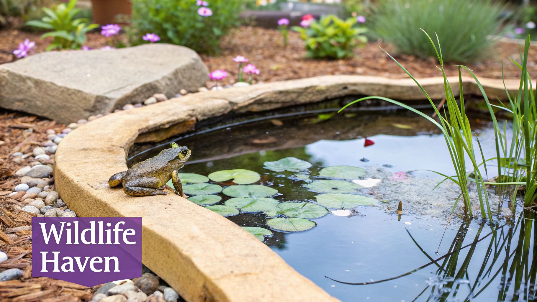A raised garden pond built with wooden sleepers, forming a rectangular shape that sits above ground level on a patio.