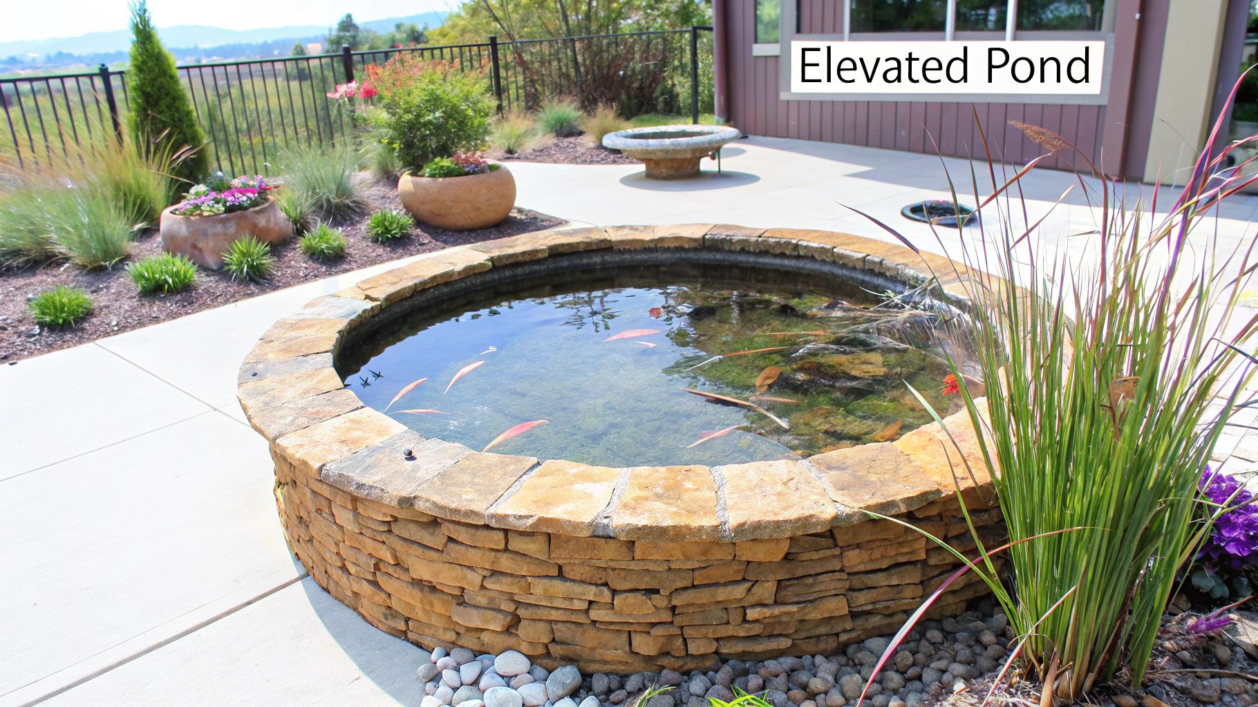 A naturalistic garden pond created with a flexible liner, featuring irregular shapes, rock borders, and lush planting.