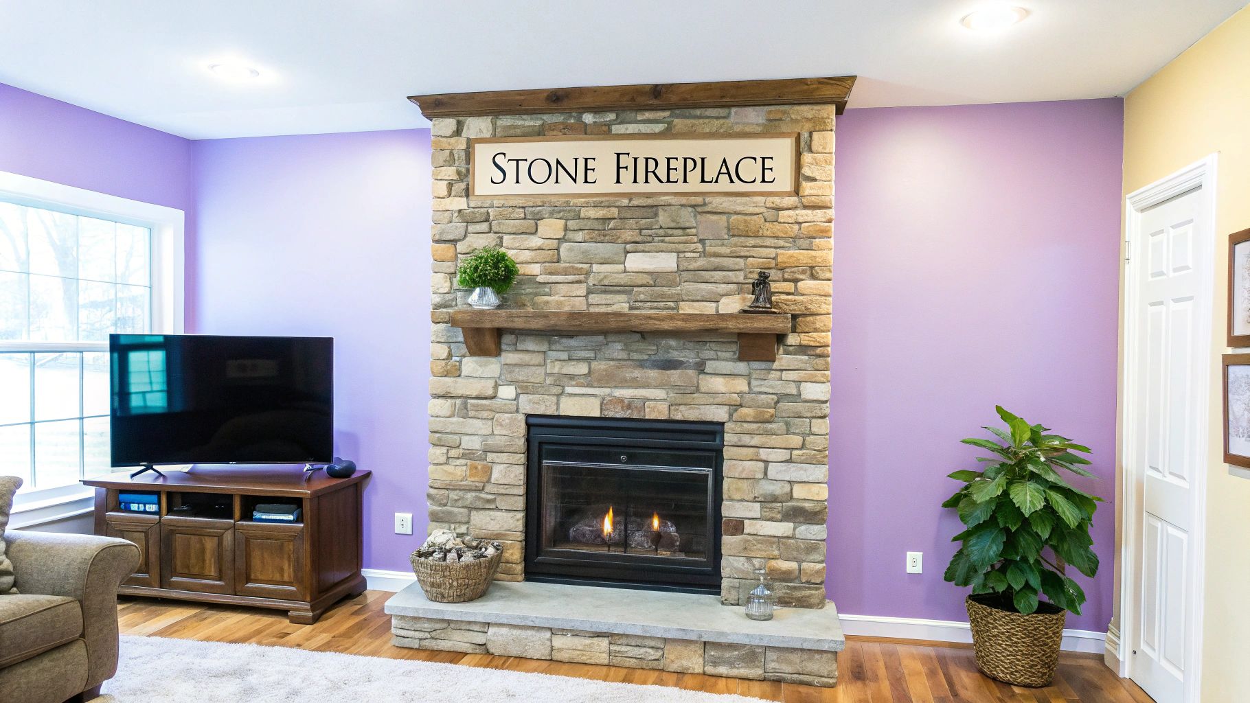 A rustic living room featuring a large, floor-to-ceiling stacked stone fireplace with a thick wooden mantel.