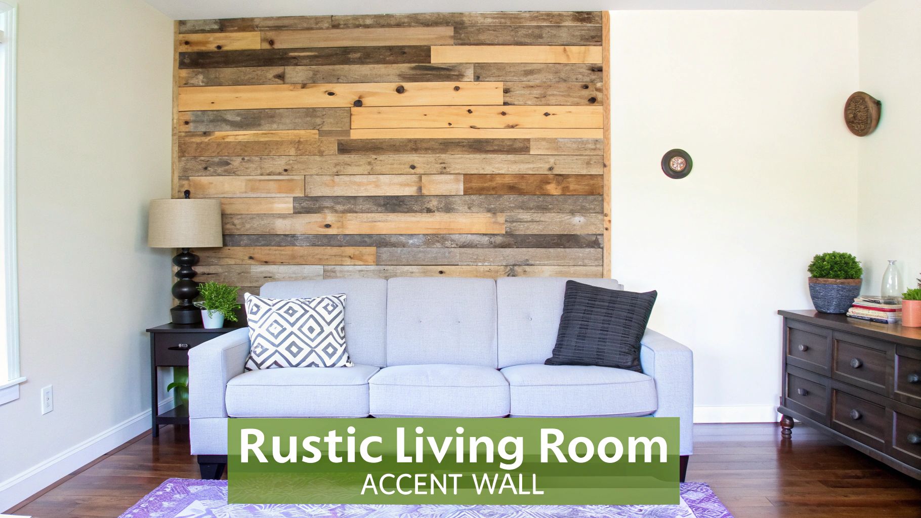 A rustic living room with a prominent reclaimed wood accent wall behind a modern grey sofa, decorated with neutral-toned cushions.