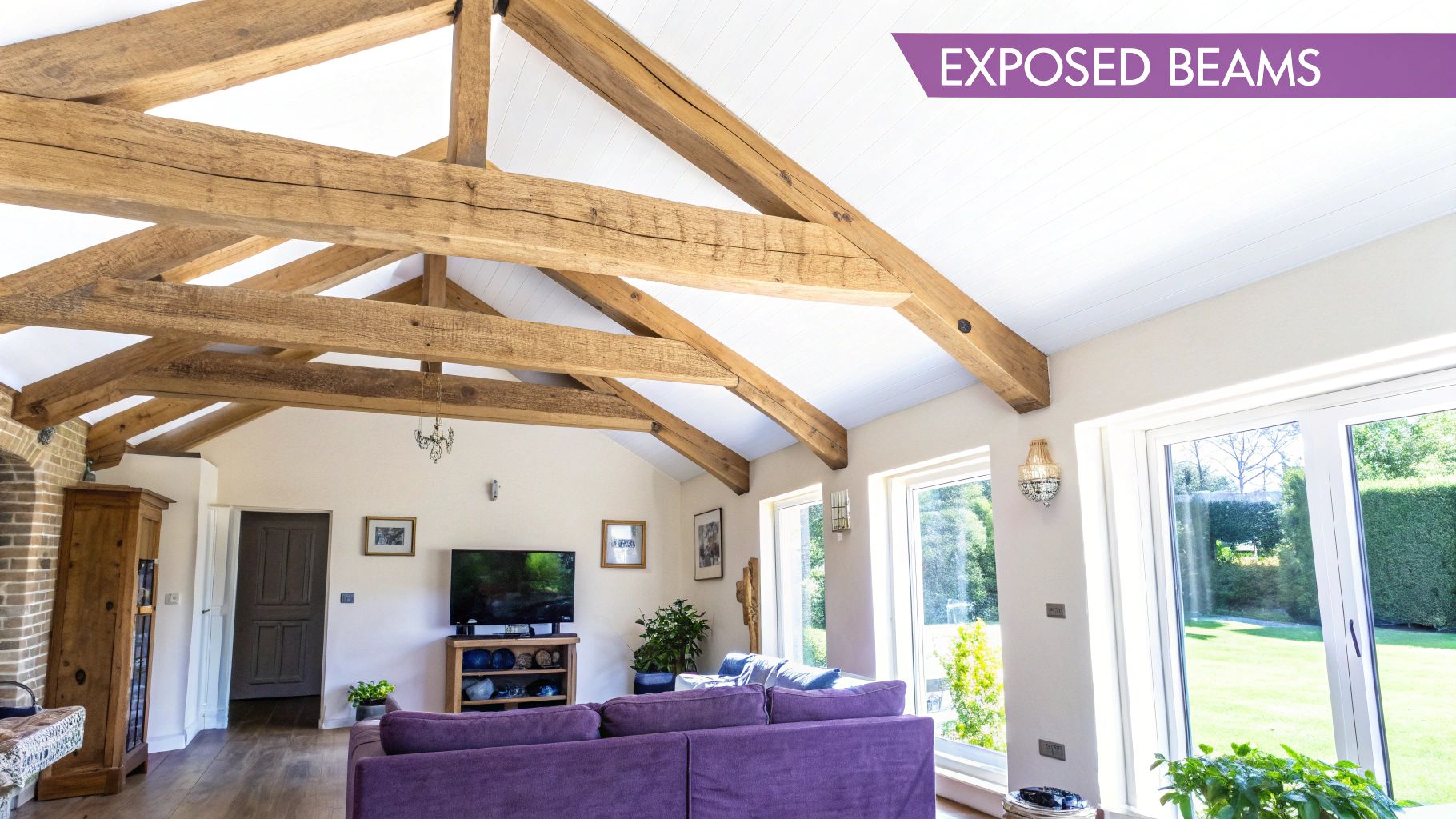 A rustic living room with a high, vaulted ceiling featuring prominent dark exposed wooden beams and a stone fireplace.