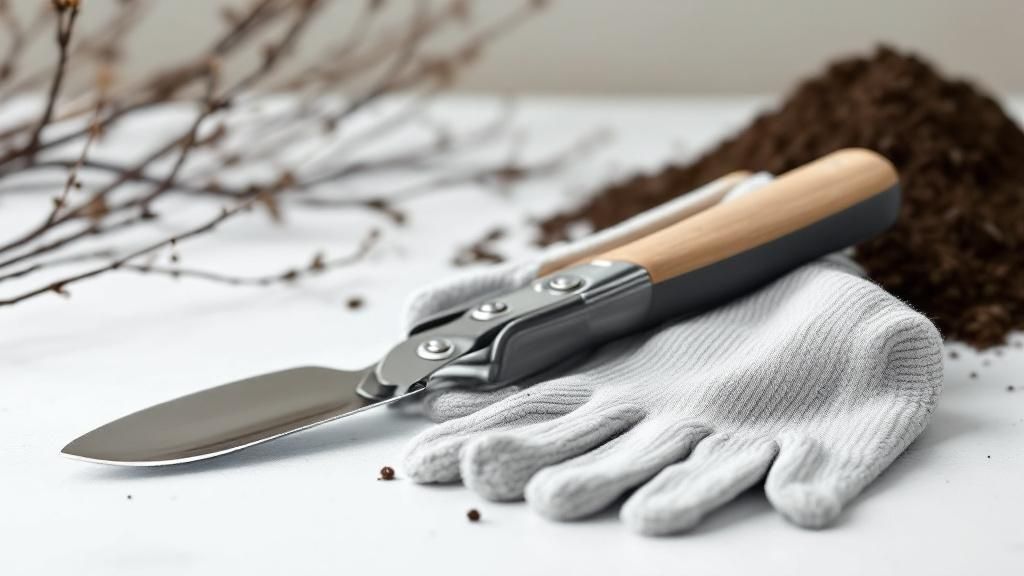 A collection of clean garden tools hanging on a shed wall.