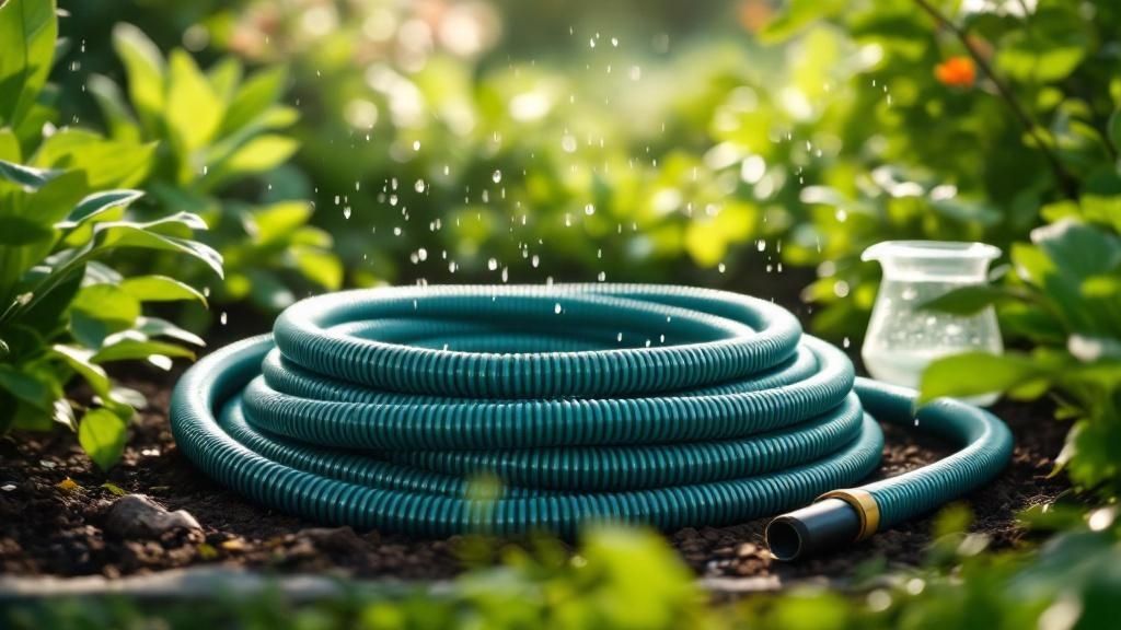 A gardener watering plants with a hose in summer.