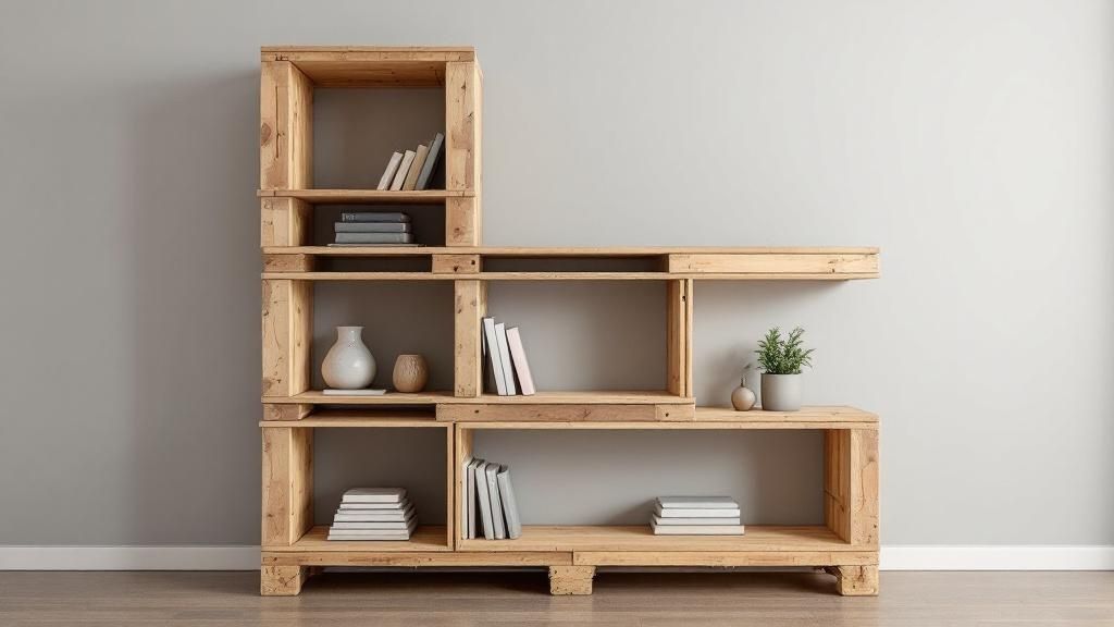 A creative bookshelf made from a section of a wooden pallet, mounted on a wall and holding a neat collection of books.