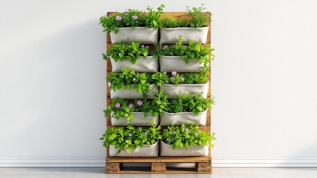 A wooden pallet standing upright against a wall, repurposed as a vertical garden filled with various green plants and herbs.
