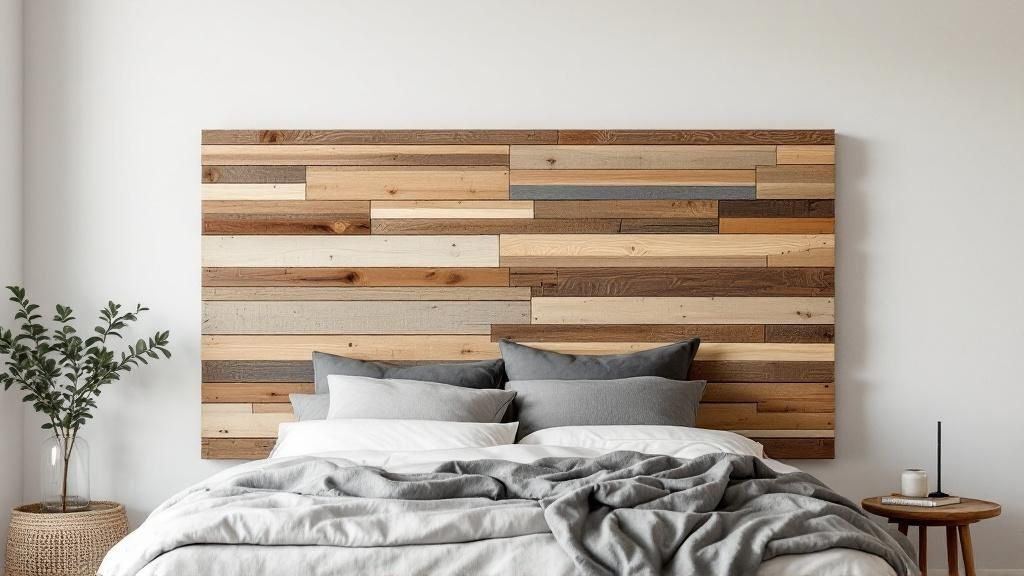 A beautifully crafted headboard made from reclaimed pallet wood planks, creating a warm, rustic backdrop for a well-made bed.