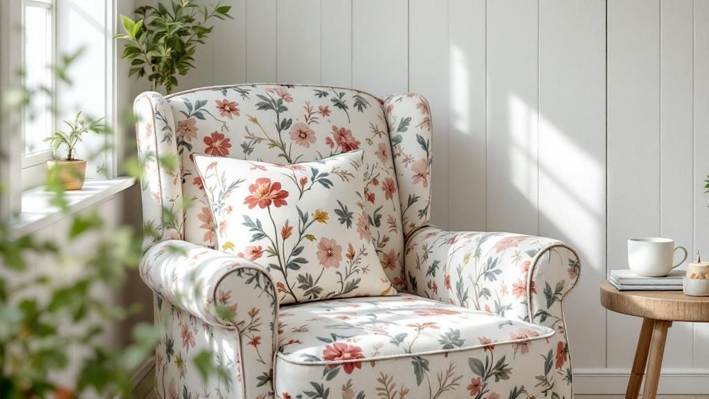 A comfortable armchair with a soft throw blanket and cushions, placed in a corner next to a window, creating a perfect cottage-style reading nook.