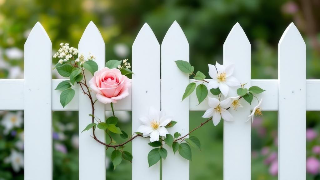 Picket Fence with Climbing Roses and Clematis