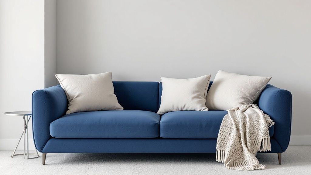 A contemporary living room with a navy blue sofa against a light gray wall, accented with brass light fixtures and a leather chair.