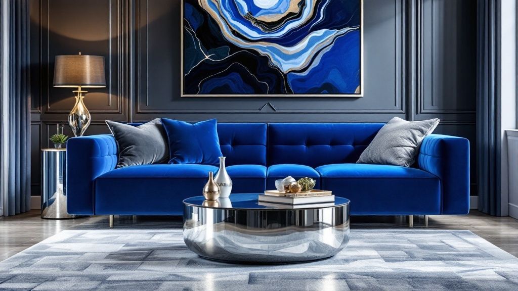 A transitional living room with soft dove gray walls, a slate blue sofa, and a mix of classic and modern furniture pieces.