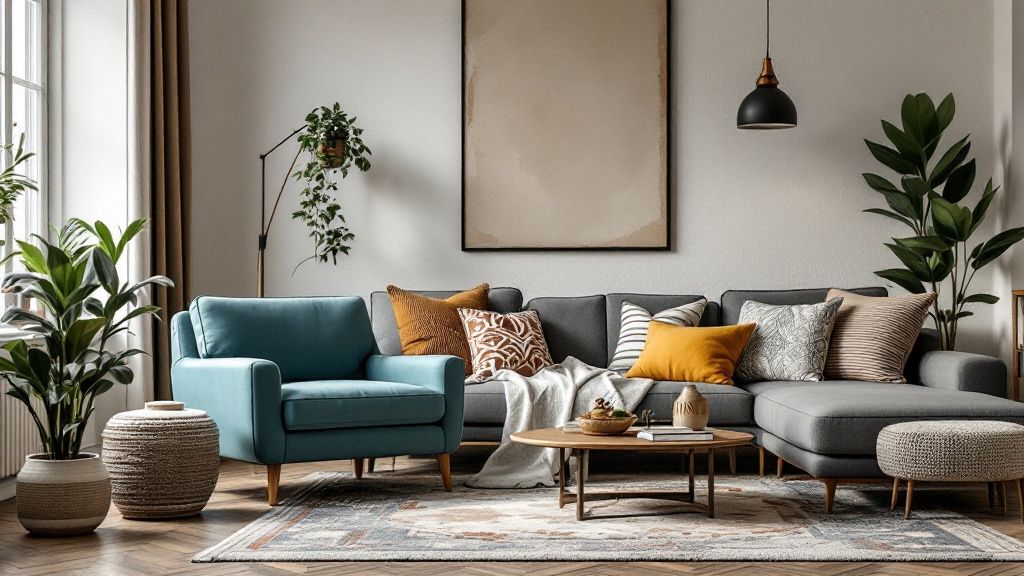 An eclectic living room with warm gray walls, a teal velvet sofa, mixed patterns on cushions, and various house plants.