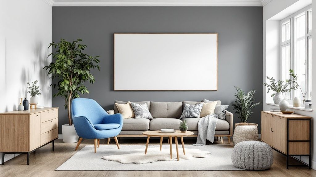A Scandinavian-style living room featuring a charcoal gray sofa, powder blue cushions, and light natural wood furniture against a white wall.