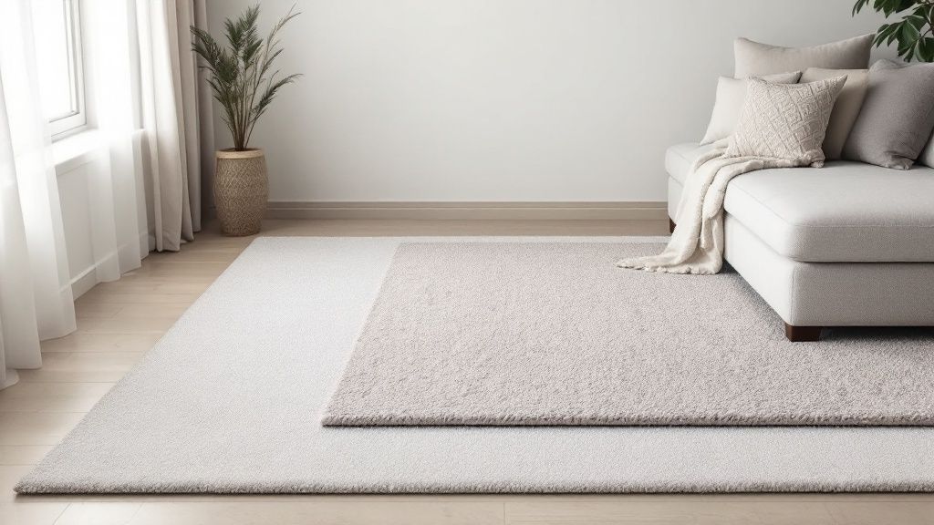 A large, neutral jute rug layered with a smaller patterned rug in a living room