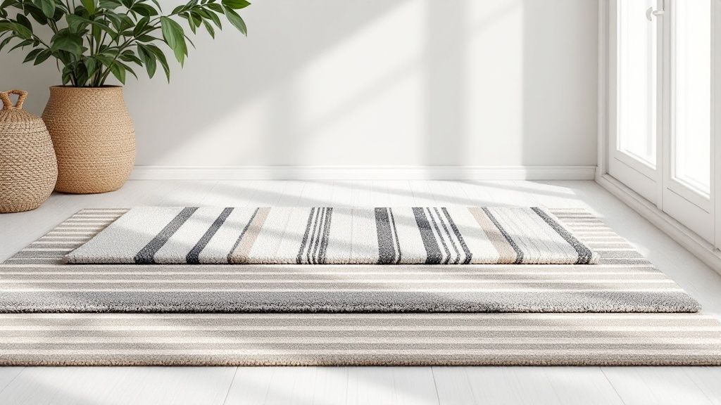 A jute rug layered with a faux sheepskin rug in a modern living room