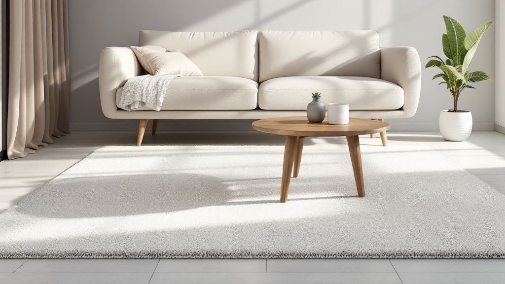 A layered rug setup in a bedroom with a soft top rug partially under the bed.