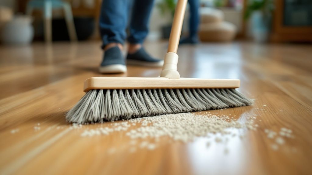A person using a microfibre mop and a bottle of pH-neutral cleaner on an engineered hardwood floor.
