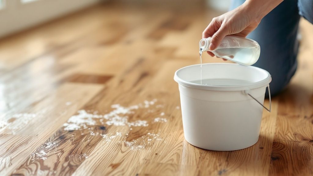 A person mopping an engineered hardwood floor with a microfibre mop in a well-lit room.