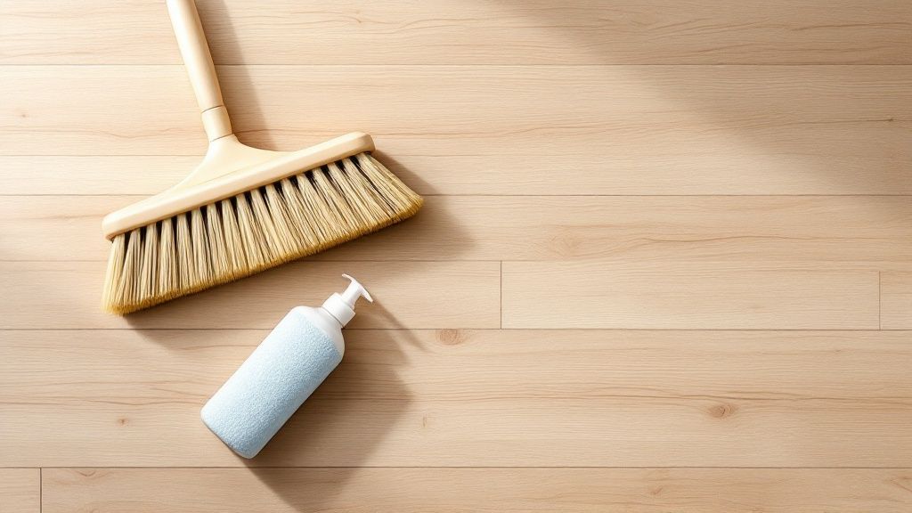 Close-up of a person mopping a beautiful engineered hardwood floor