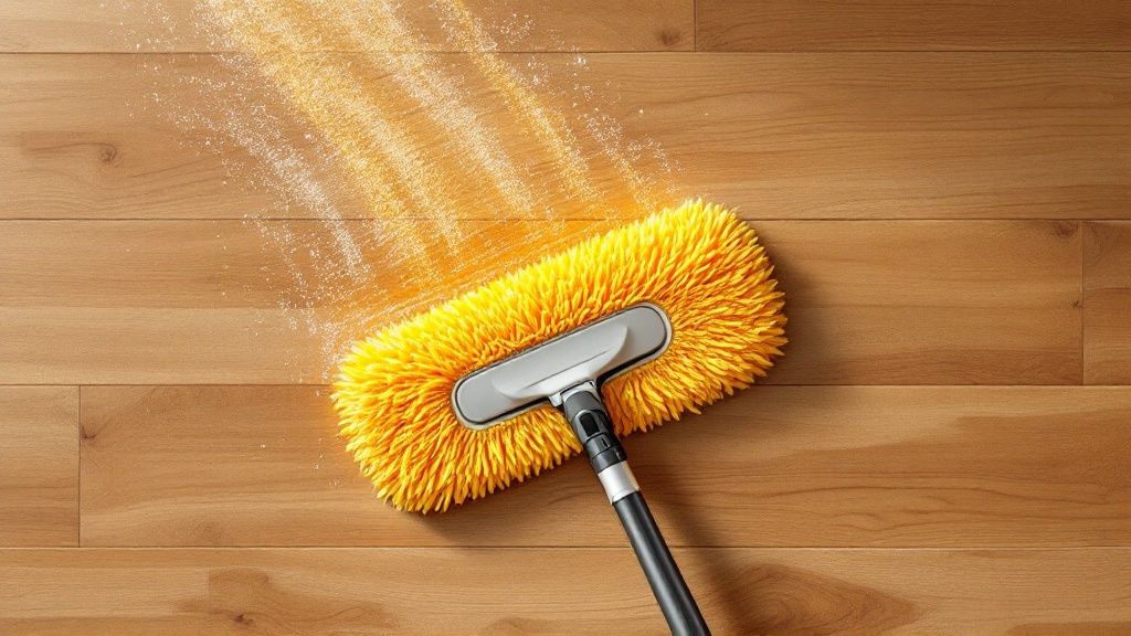 A person quickly wiping up a spill on an engineered hardwood floor with a soft cloth.