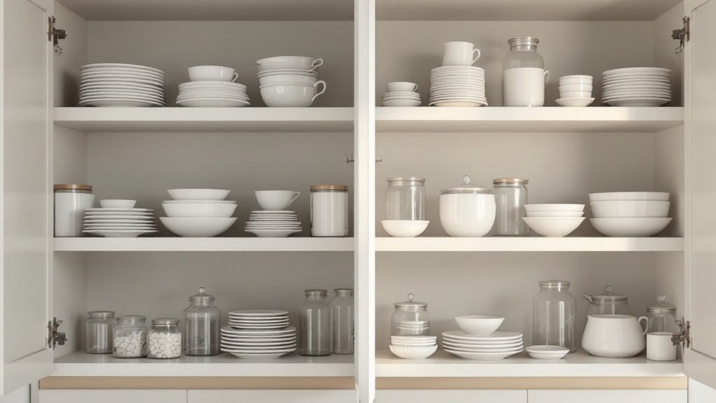 A person sorting through kitchen items into different boxes for decluttering.