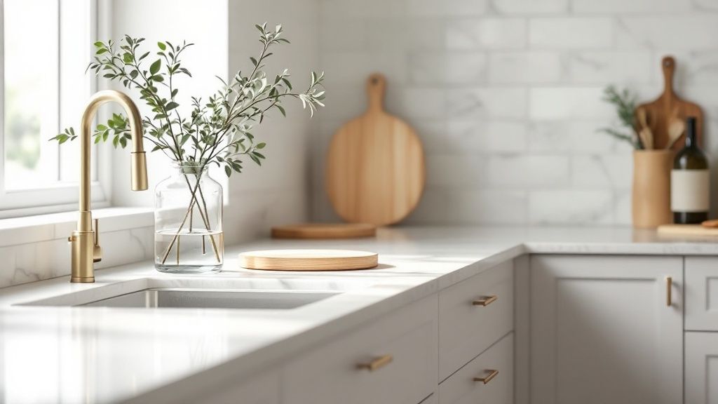 A beautifully organised modern kitchen with neat counters and open shelving.