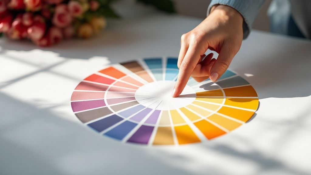 A stylish living room with blue-grey walls, a tan sofa, and various decorative items on a coffee table.