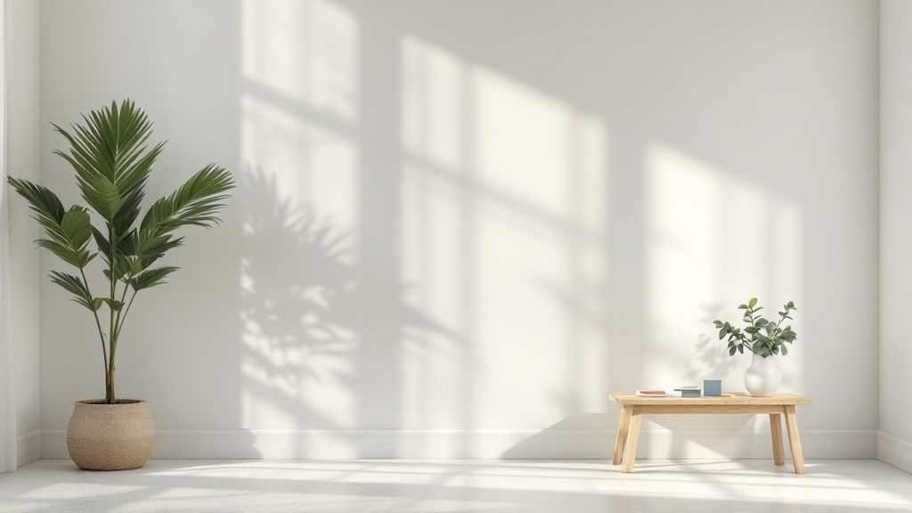A well-lit room with large windows showing how natural light affects the wall colour and furniture.