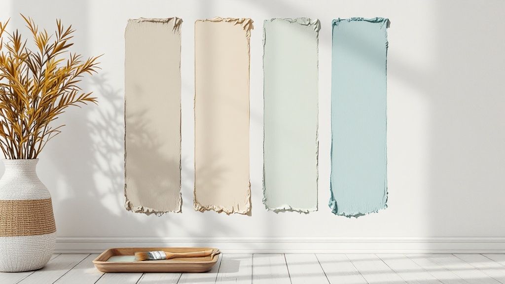 A modern living room with a muted green accent wall, neutral furniture, and natural wood elements, demonstrating a timeless approach to trends.