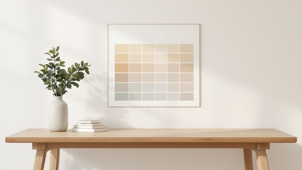 A close-up of various neutral paint swatches fanned out, showing different undertones.