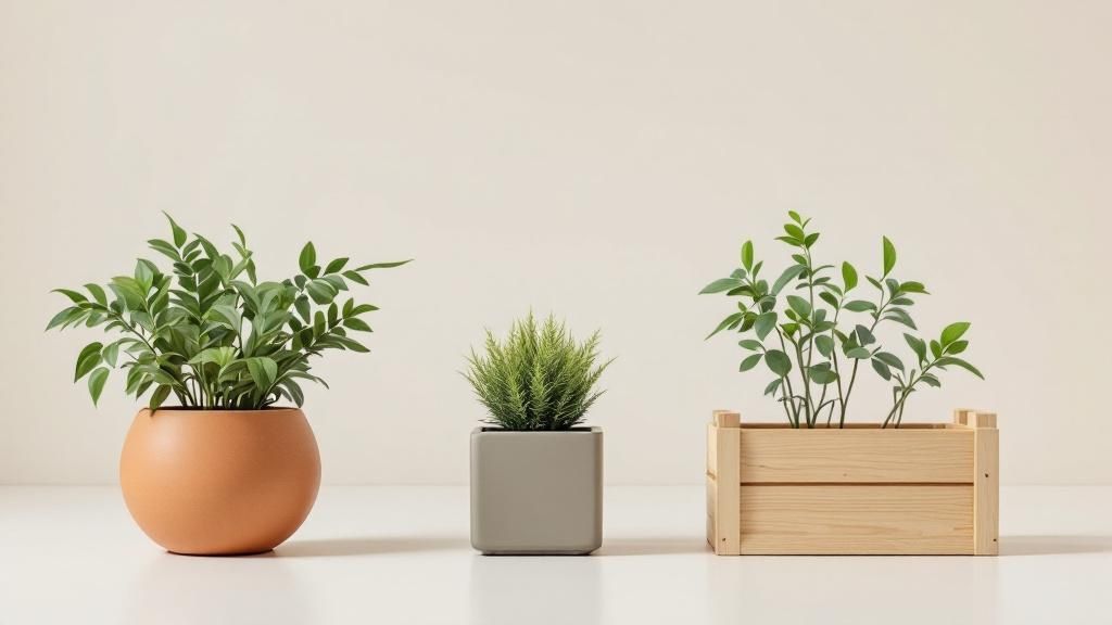 A colourful assortment of plants growing in various terracotta and ceramic pots on a stone patio.