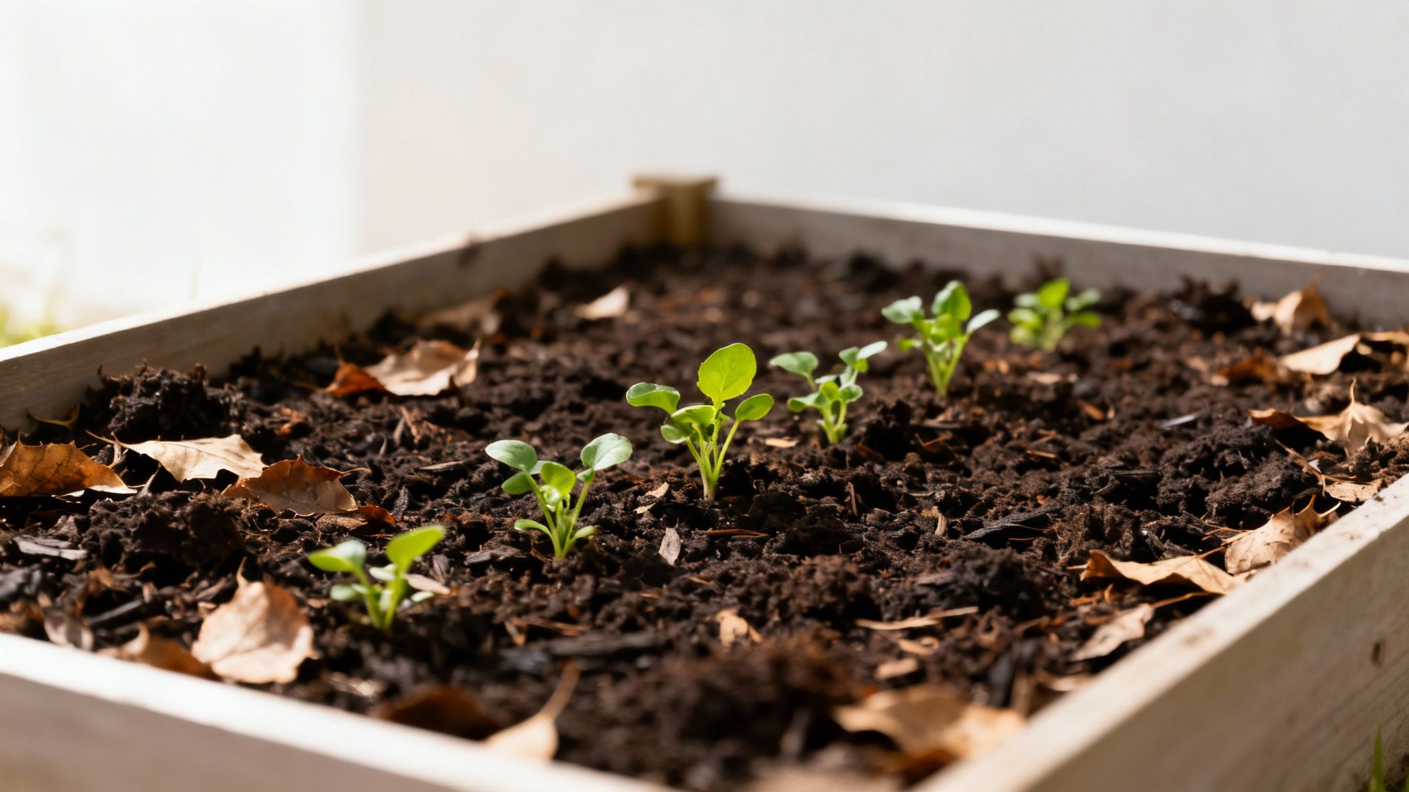 A gardener spreading rich, dark compost over a garden bed in autumn.