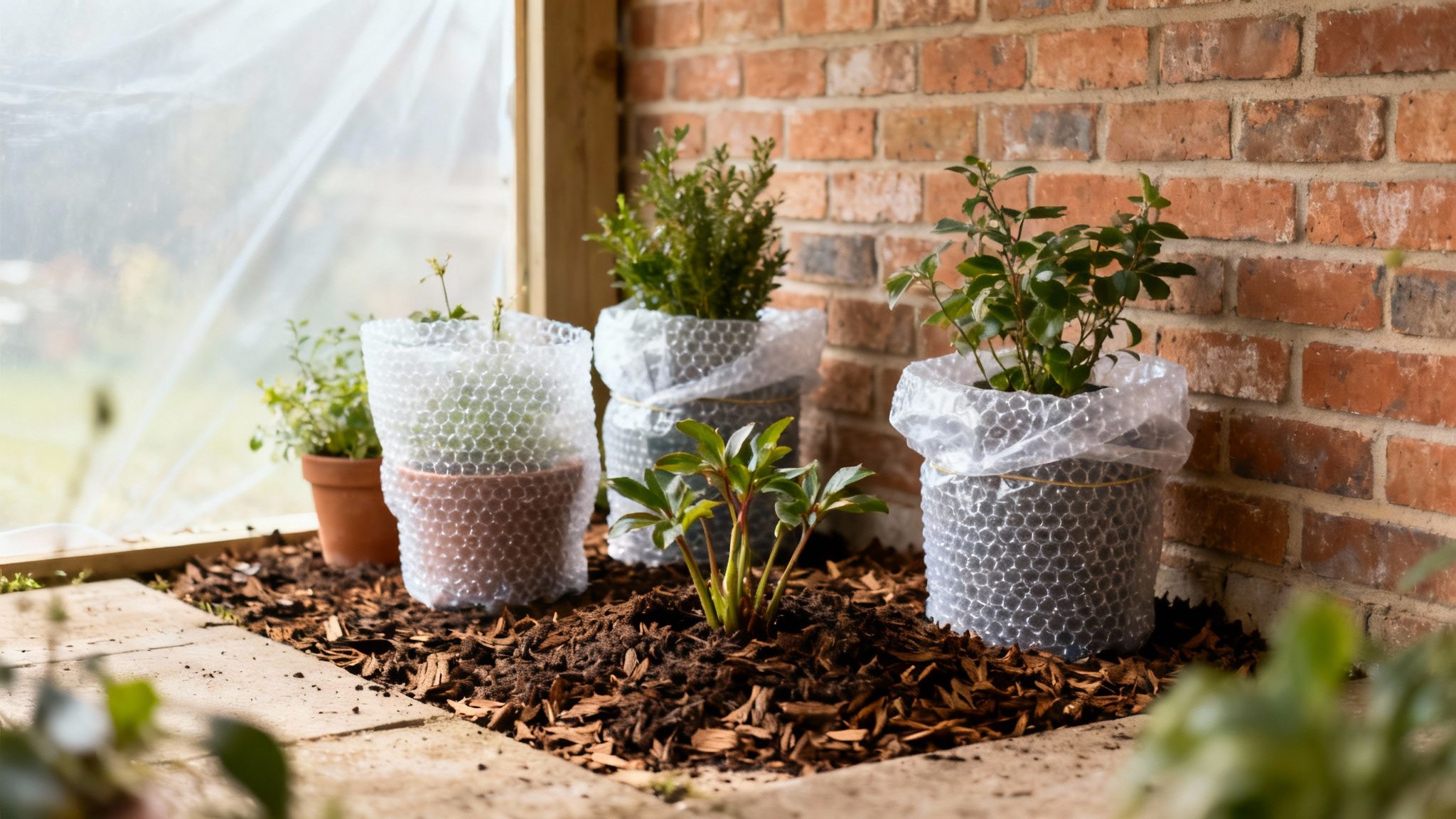 A person wrapping a shrub in horticultural fleece to protect it from frost.