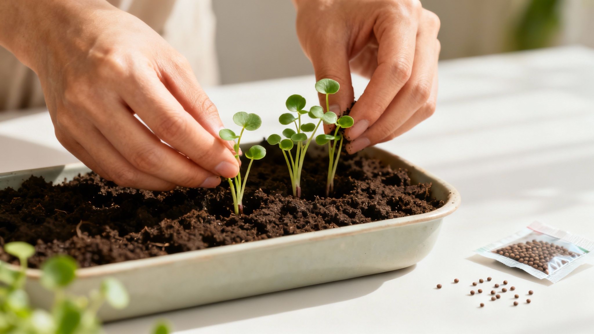 A close-up of watercress seeds being sown into soil.