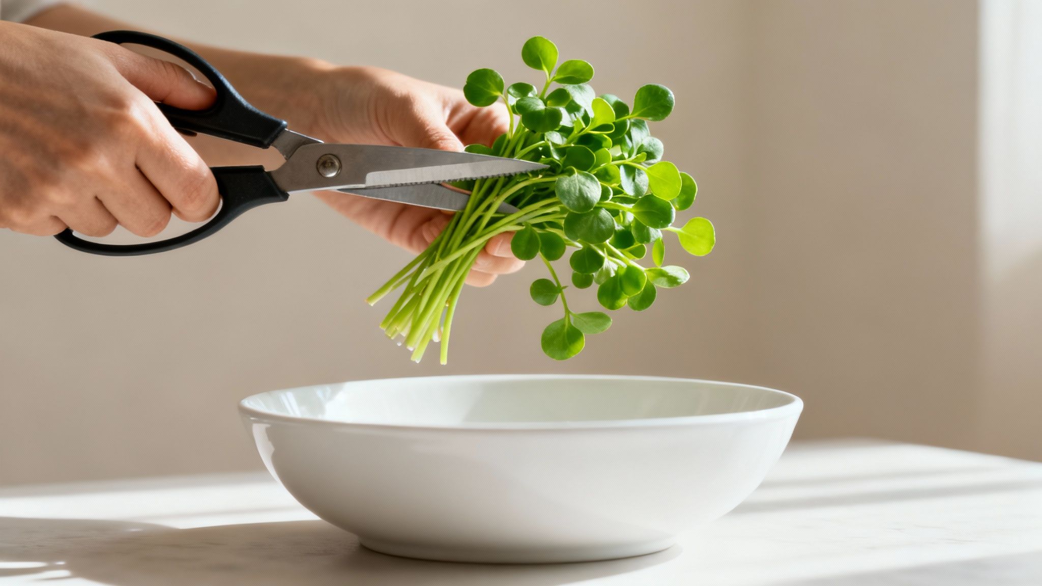 A person's hand holding a pair of scissors, cutting fresh watercress from a plant.