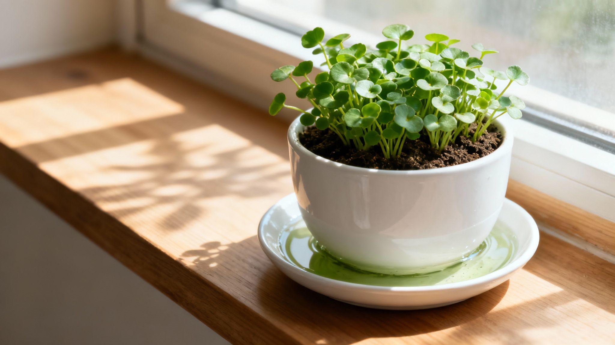 A healthy bunch of watercress growing in a container.