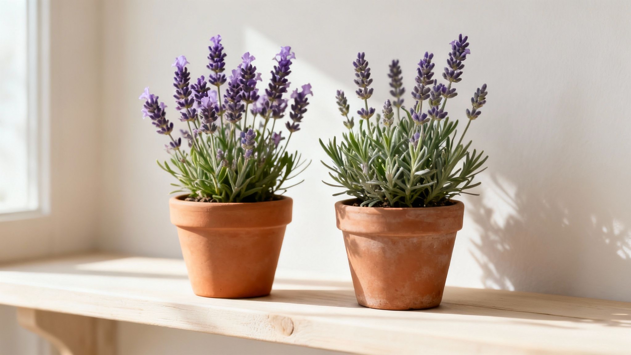 Close-up of vibrant English lavender flowers in a pot