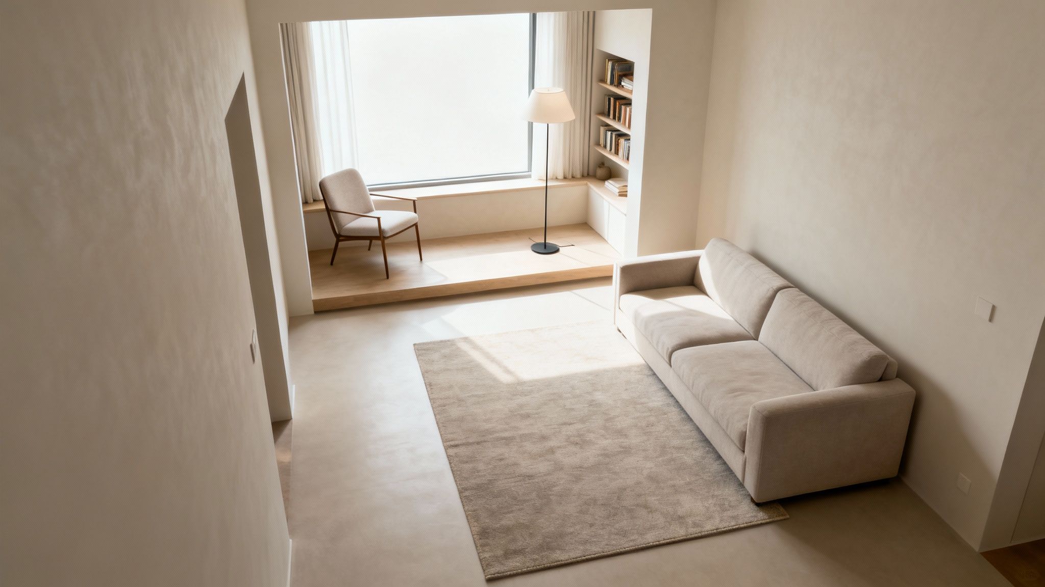 A small, well-decorated living room with a grey sofa, a round wooden coffee table, and a large plant.