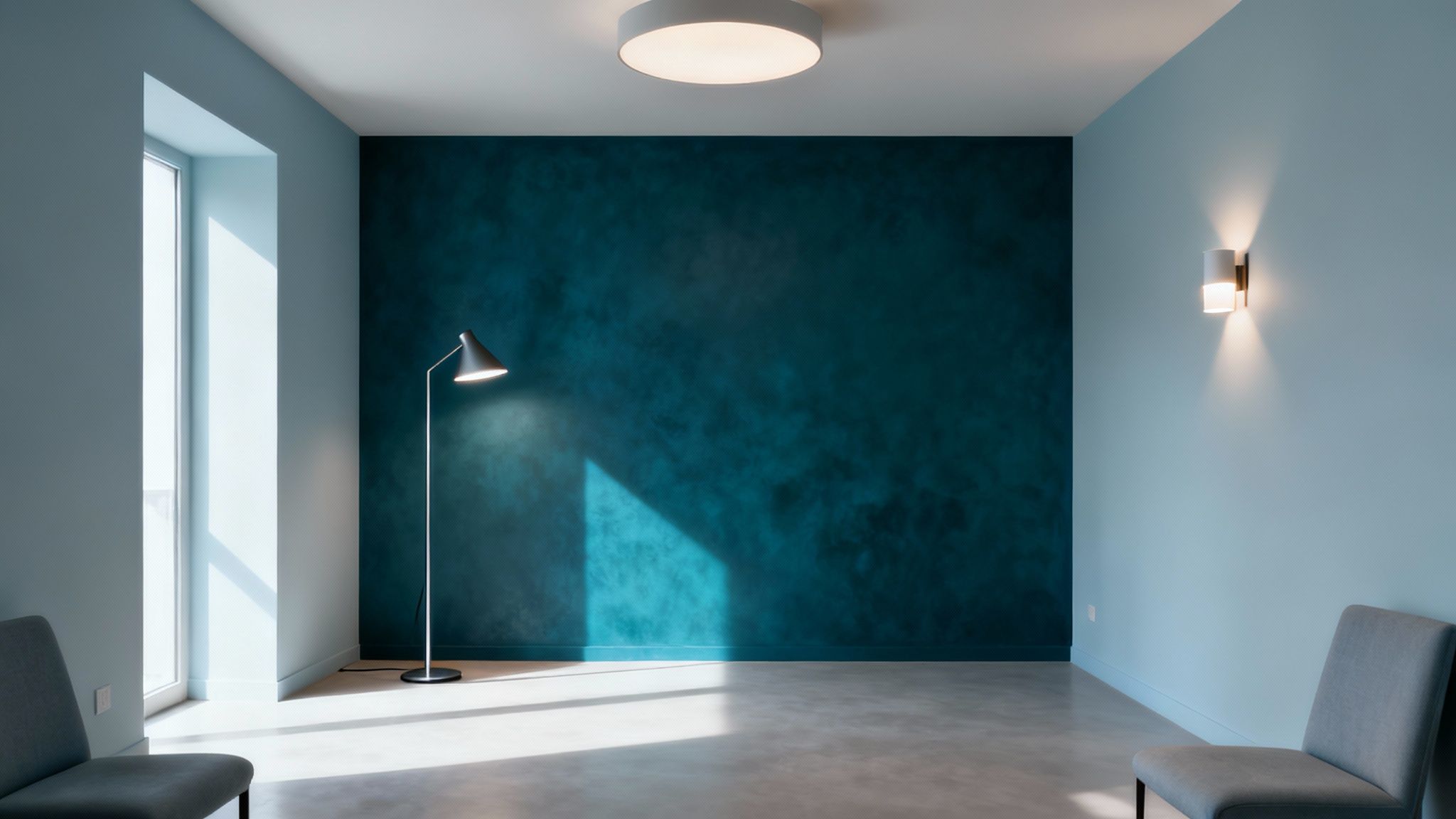 A small living room with light-coloured walls and a stylish floor lamp adding warmth.